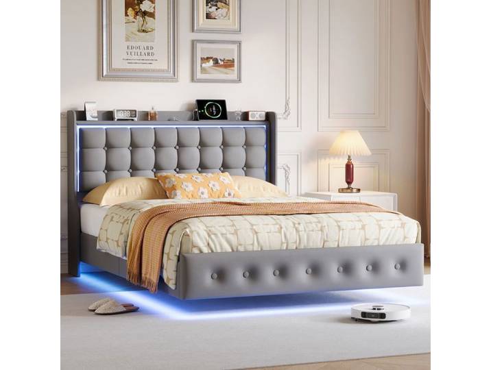 Lit flottant - URBANLUXE - Lit flottant 140x200 - Velours gris - LED intégrée - Sommier à lattes inclus