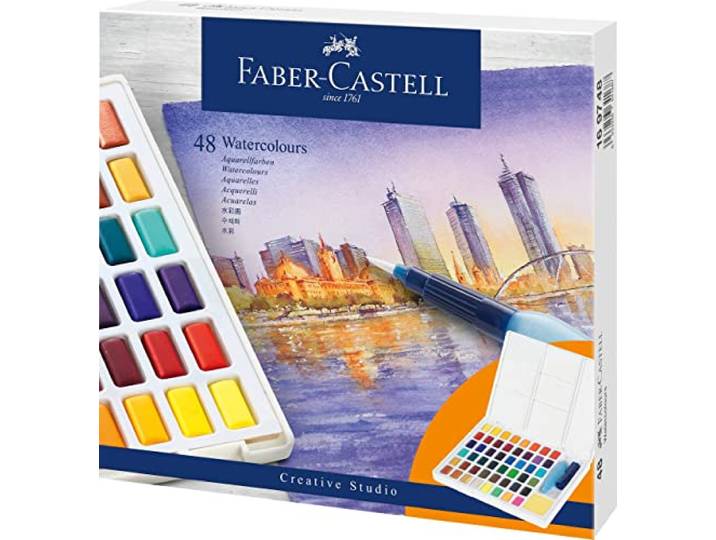 FABER-CASTELL - Set de couleurs à l'aquarelle\, boîte de 48 couleurs Avec palette de mélange\, pinceau à eau et éponge\, couleurs vives à l'eau pour amateurs et débutants