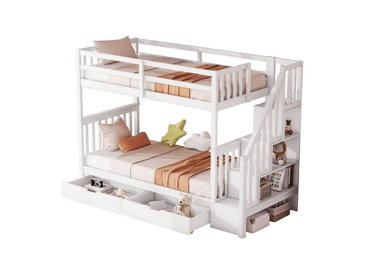 Odikalo Etagenbett Kinderbett 90x200 140x200 mit Ausziehbett oder Schubladen (90x200 / 140x200, Etagenbett, Treppenregal, ausgestattet mit zwei Schubladen, hohe Geländer, EN747-1 zertifiziert, weiß)