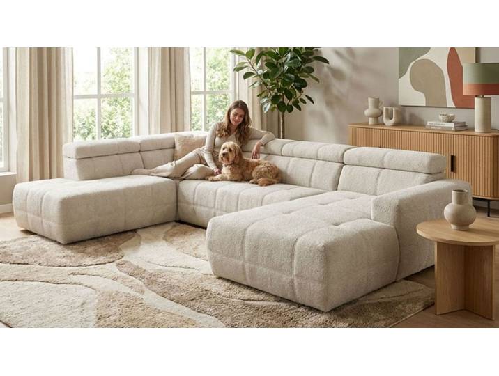 Wohnlandschaft OTTO HOME Ballerup 359 x 228 cm, auch mit verstellbarer Sitztiefe , beige (silber), B:359cm H:80cm T:228cm, 100% Polyester, Sofas, Wohnlandschaft, Kopfteile & Sitztiefe verstellbar, Pet Friendly Bezug, U-Form