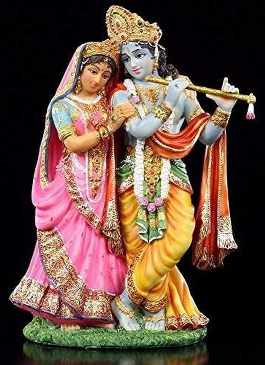 Krishna Radha Beeld - Handgeschilderde Hindoe Goden - Multicolor - Hoogte: 20.5 cm