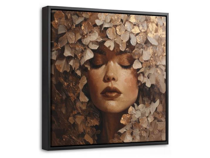 LEINWAND Bilder mit Rahmen - Gesicht - Dame - Blätter - Pinselstriche - 20x20