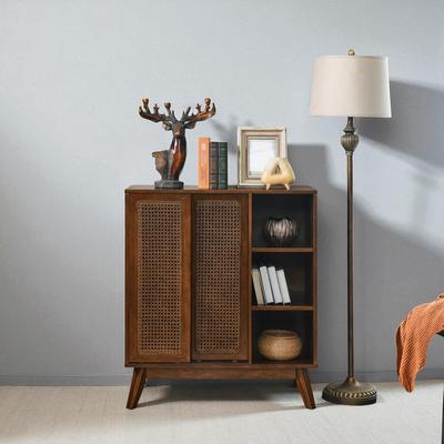Fundinbaths Mid-Century Rattan Sideboard Buffet Cabinet with Adjustable Shelves and Solid Wood Legs for Kitchen or Entryway