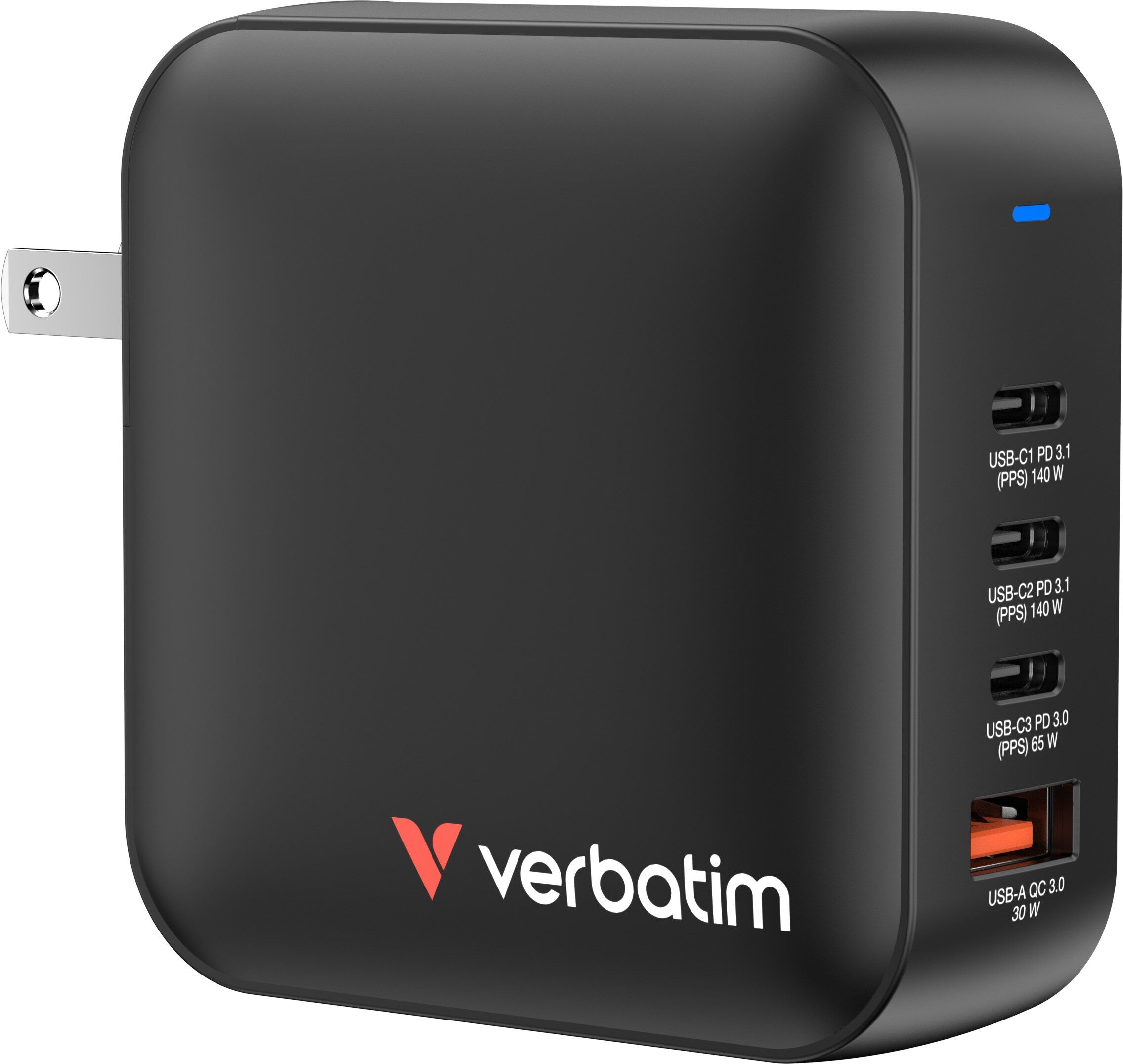 Verbatim Mini GaN Charger 165W 4 Port US plug with EU and UK adaptors
