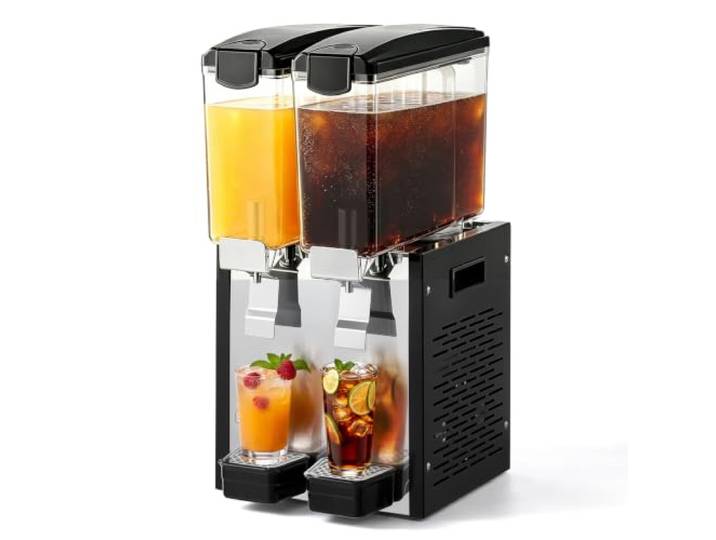 VEVOR Elektrischer Getränkespender 2 x 10 L 7-12 °C Saftspender PC-Behälter Ideal für Restaurants, Hotels, Bars und Kioske, mit Rührstab für Gleichmäßige Durchmischung, Druckschalter und Auffangschale