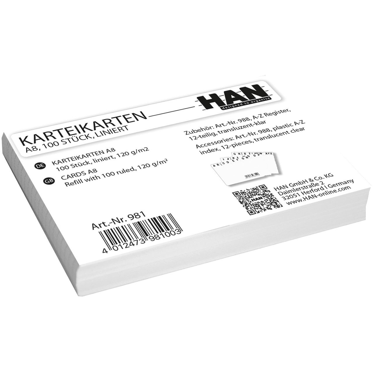HAN 100 Karteikarten DIN A8 weiß liniert