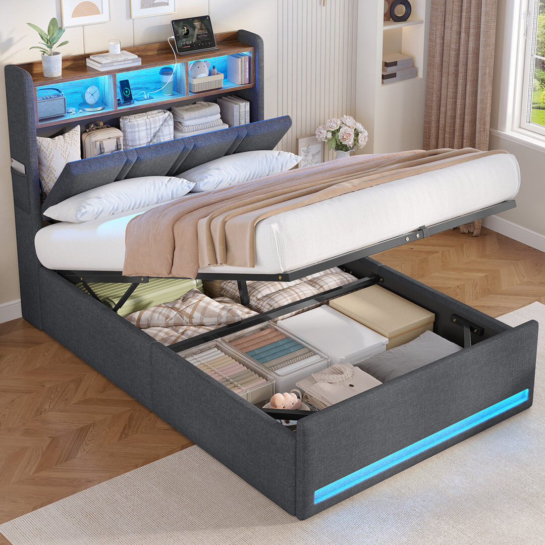 17 Stories Annalysse 90x190 cm Single Bed with Lift-up Storage, Adjustable LED lights, Charging station, Open shelving Dark Grey Single-90x190 cm