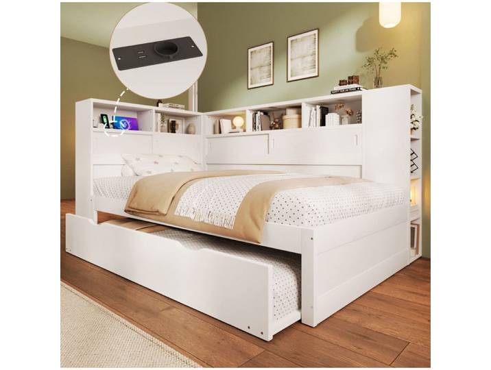 Lit banquette avec lit gigogne et rangements port USB - TCQPZ - pour chambre enfant en pin blanc