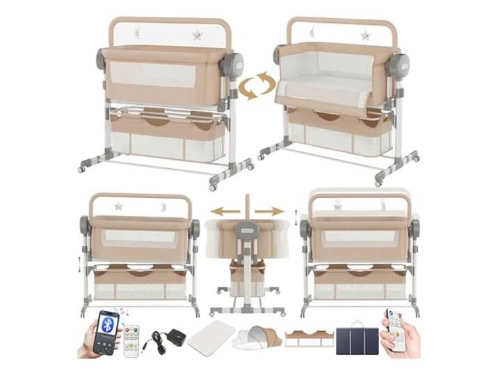 Magic ZC Elektrische Bluetooth Intelligent Beistellbett Baby mit Rollen, Faltbar Co-Sleeping Babybett, Fernbedienung und 5-schwankende Zahnräder, Stubenwagen Kleinkind Wiege mit Musik (608 Khaki)