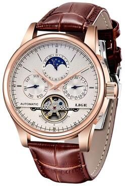 Inspired Finds LIGE Automatic Mechanical Watch Tourbillon Men's Leather Watch Waterproof Military Style Wristwatchs gold White