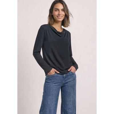 Langarmshirt STREET ONE, Damen, Gr. 40, schwarz, Stoff, 70% Modal, 30% Polyester, unifarben, normal normal, Wasserfallausschnitt, abgesteppt, Shirts Langarmshirt, mit Wasserfallausschnitt