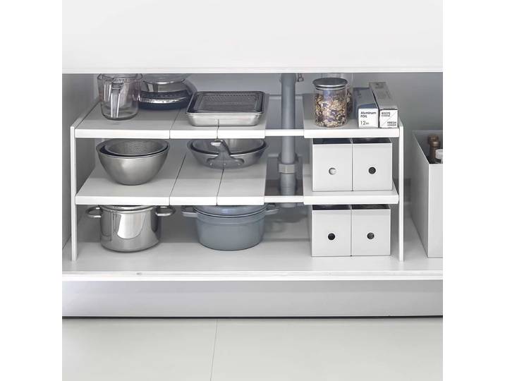 Yamazaki Étagère de cuisine Étagère d'armoire Étagère de salle de bain extensible 50-85cmx35x30cm 2 niveaux blanc