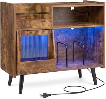 Costway Record Player Stand with LED Light and Power Outlets-Rustic Brown