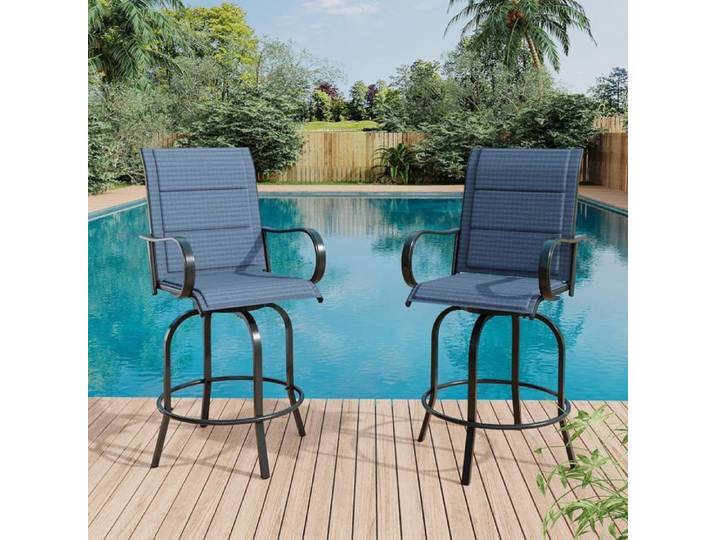 AFF Lot de 2 Tabourets de bar hauts Chaise de bar pivotants extérieurs dossier haut et accoudoirs Avec accoudoirs Rembourrage bleu