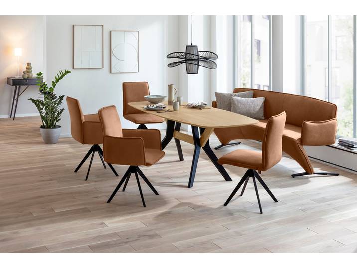 Esstisch K+W KOMFORT & WOHNEN, braun (schwarz, wildeiche bianco), B:200cm H:75cm T:95cm, Tische, Esstisch, Massivholz mit bootsförmiger Tischplatte im Materialmix