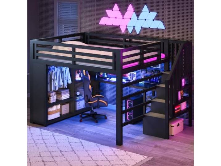 BTM Metall Gaming Hochbett 140x200 mit Kleiderschrank und Schreibtisch Hochbett Jugendliche mit LED, USB und Treppe, Schwarz