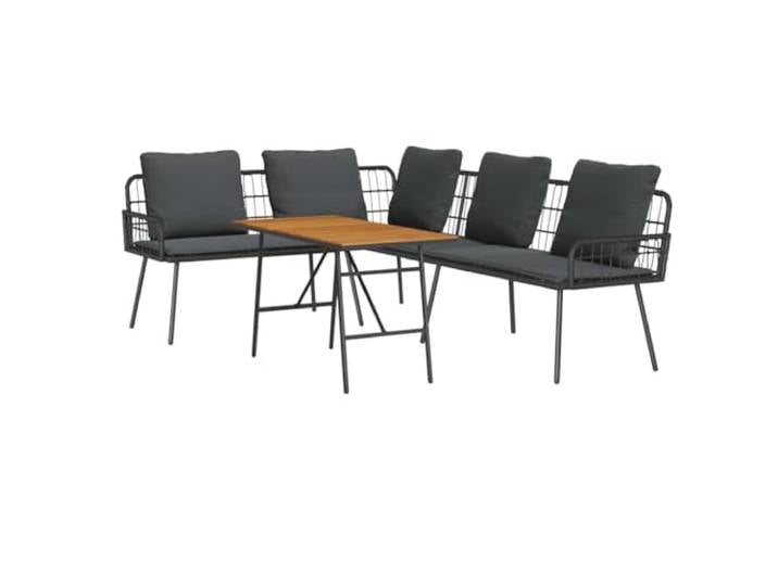 PUGYNBK Jardin Sofa-Set, 2-teilig, Schwarz, Kunstrattan Mit Kissen, Rückenlehne aus Stahl, Akazienholz, einfache Montage, langlebig