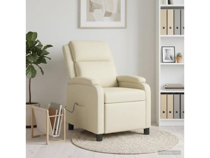 Relaxsessel Creme Kunstleder mit Neigungsfunktion 115°-160° Metall-Holz-Gestell, schwarze Kunststoffbeine, PU-Polyester-Baumwolle-Bezug, leicht abwischbar
