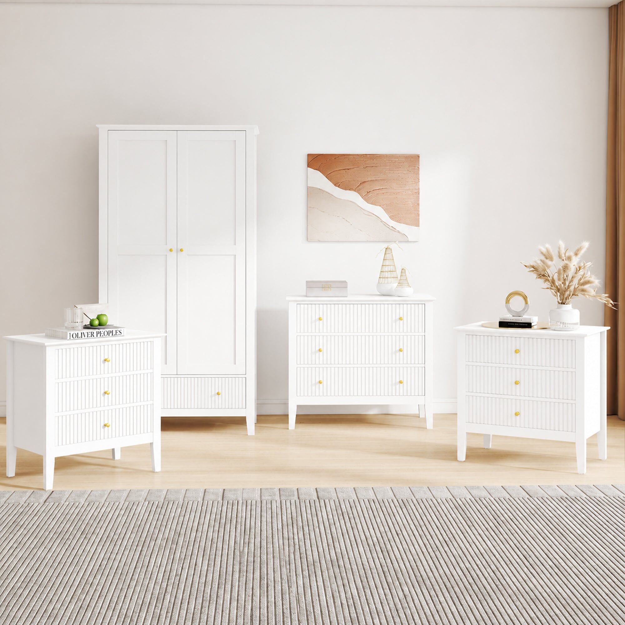 Double Wardrobe, 3 Drawer Chest Of Drawers and Pair of Large Bedside Tables - Hales White Range Manufactured Wood, Metal