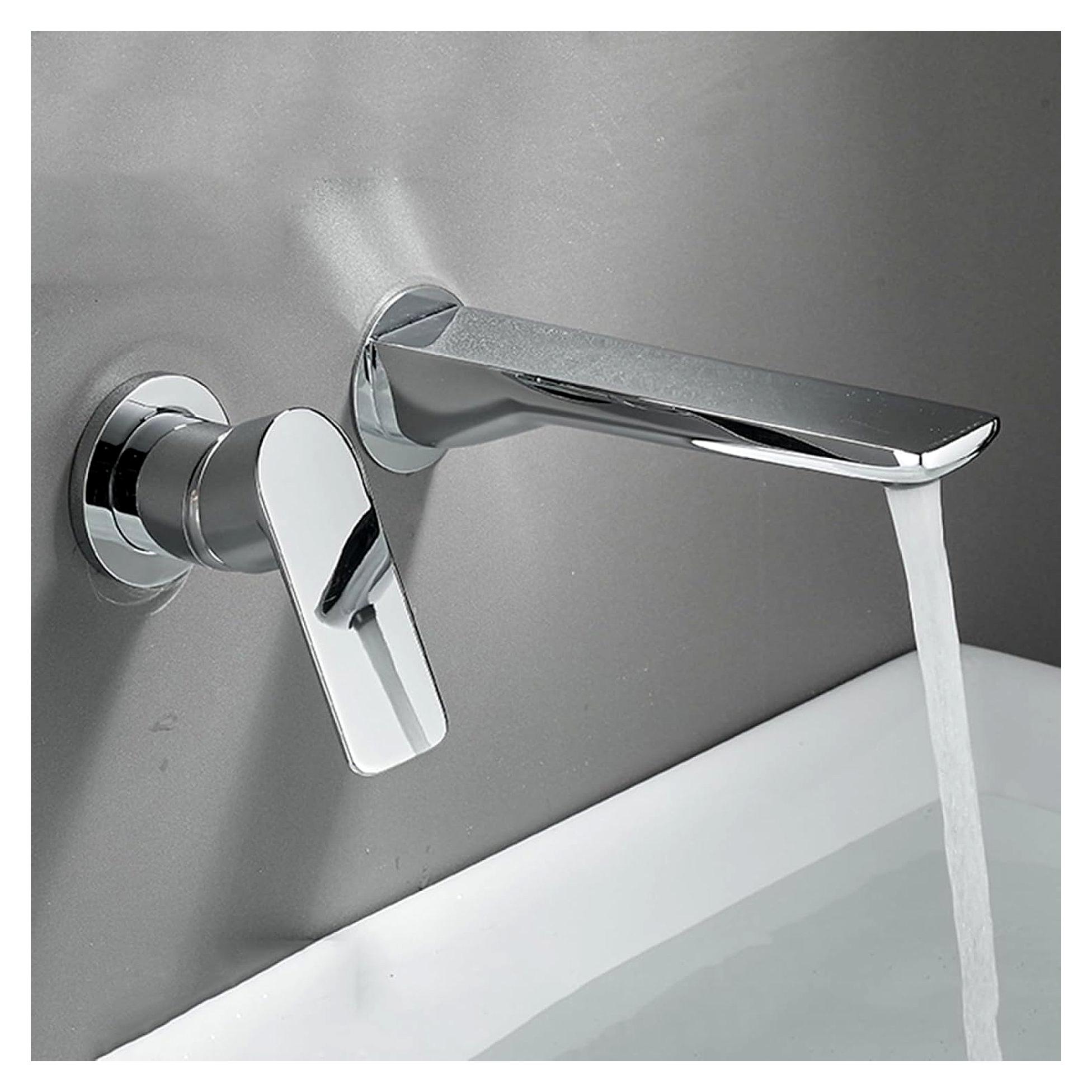 Wandmontierter Badezimmer-Wasserhahn, Einhand-Wandmontierter Waschbecken-Wasserhahn, Wandmontage-Wasserhahn, Messing-Waschtischarmatur, Doppelloch-Einbau-Wasserhahn for Kalt- und Warmwasser, Schwarz