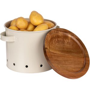 Wenko Vorratsdose Aria 54047100, aus Metall, 3,8 Liter, mit Akazienholzdeckel & Griffen, creme