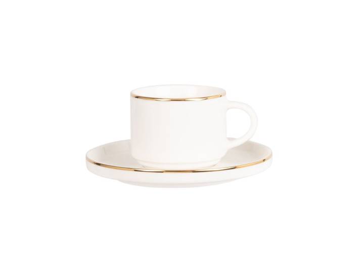 Kaffeetasse und Untertasse aus Porzellan, weiß und gold