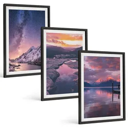 BILDER SET 3er Set - 40x60 cm Schwarzer Rahmen - Berge, Wasser, wunderschöne Landschaften