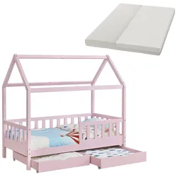 Juskys Kinderbett Marli 80 x 160 cm mit Matratze, Bettkasten, Gitter, Lattenrost & Dach - Bett Rosa