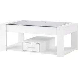 Couchtisch 100x50x40 mit Glasplatte, 2 Schubladen, offenem Stauraum, Hochglanz-Beistelltisch, modern, Weiß, gehärtetes Glas