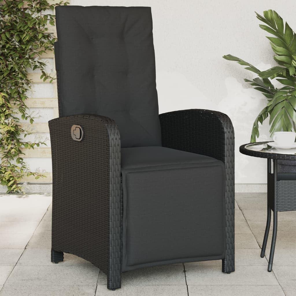 Verstellbarer Gartensessel mit Fußteil, schwarzem Poly-Rattan, Kissen und Armlehnen für Balkon, Terrasse und Garten