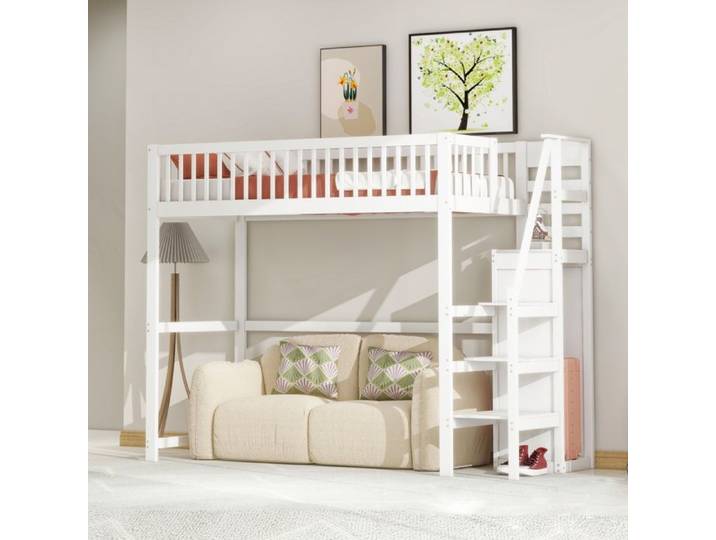 Lit mezzanine - Enfant - 90x200 - Bois massif - Blanc - Échelle de sécurité