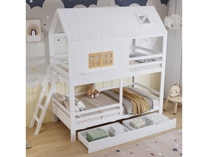 Lit superposé enfant blanc et naturel avec toit fenêtres et tiroirs