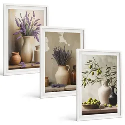 BILDER SET 3er Set - 40x60 cm Weißer Rahmen - Blumen in Vasen, Oliven, Dekorationen