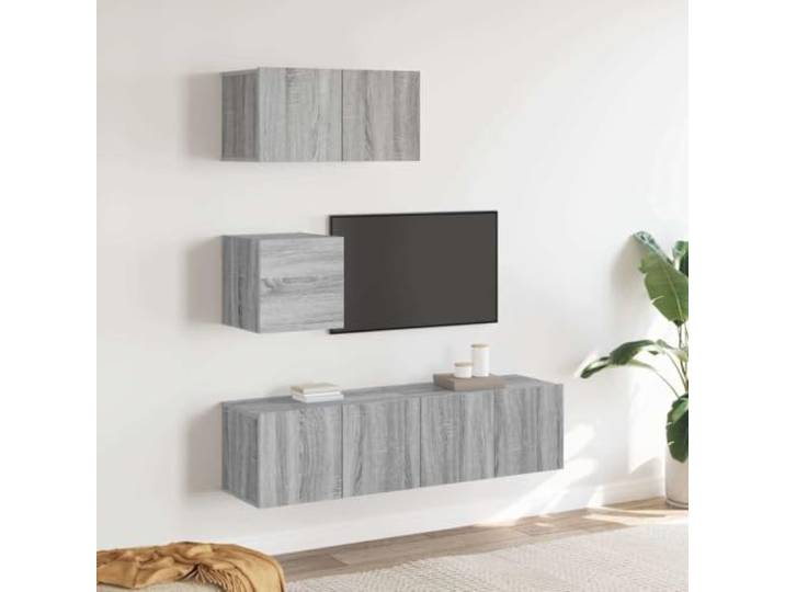 HEFZGDB 4-TLG. TV-Schrank-Set Grau Sonoma Holzwerkstoff mit Wandmontage und reichlich Stauraum für Wohnzimmer