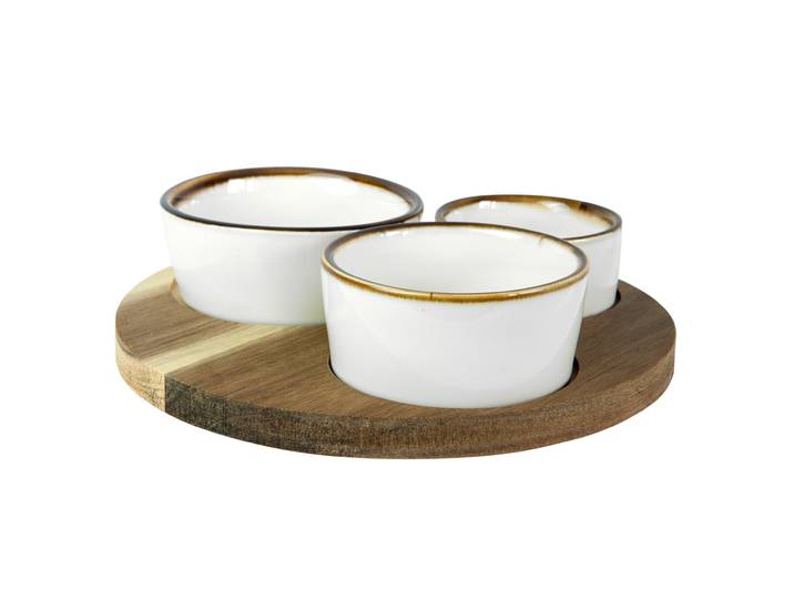 Vorspeisen Set 4-teilig, 3 Apéro Schalen aus Keramik und Servierbrett aus Akazienholz