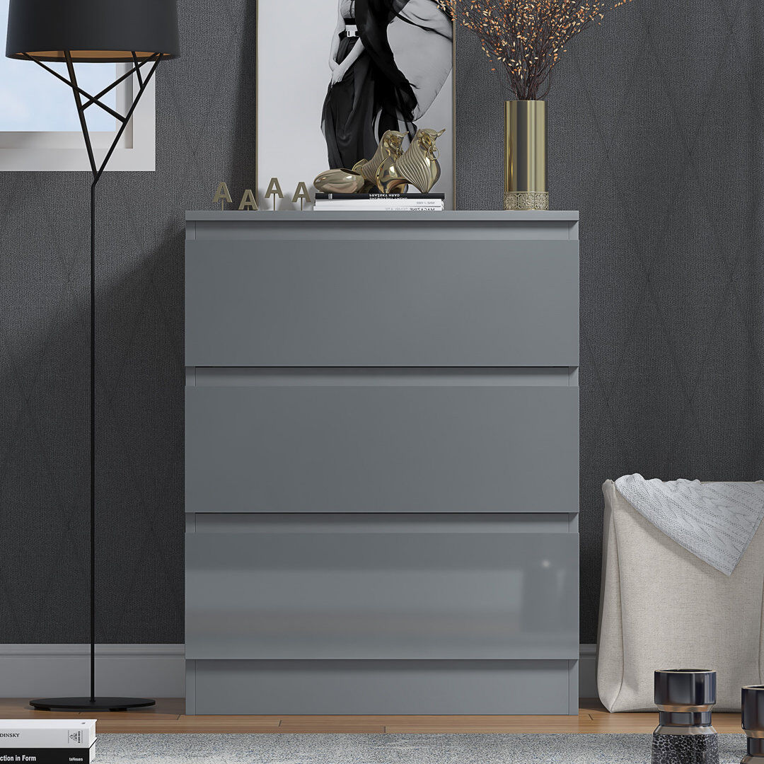 Hashtag Home Warren 60cm 3 Drawer Chest of Drawers Grey Gloss 77cm H X 60cm W X 40cm D