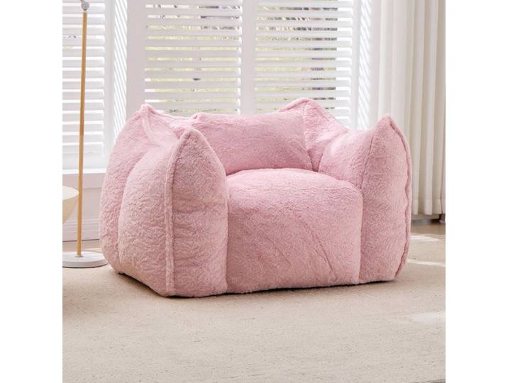 Fauteuil pouf géant rose en faux fur avec coussin sans montage 1 place