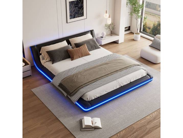 BEL Lit plat 160x200 cm lit de sol PU LED ambiance noir
