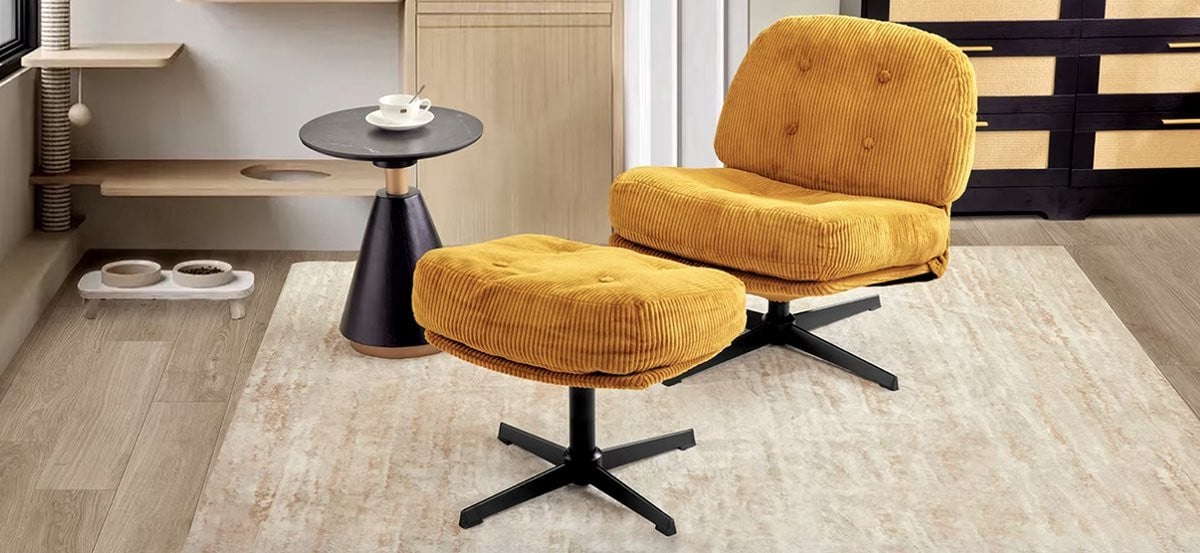 J&R Corduroy loungestoel met hocker - Geel