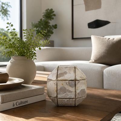Sagebrook Home Decorative Geometric Marble Orb Sculpture - Ivory & Tan