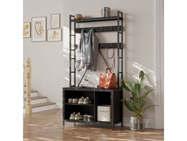 Porte-Manteau Avec Banc Porte-Manteau Industriel Rangement Pour Chaussures Organiseur d'Entrée Avec Casiers 177.5 x 35 x92Cm-noir