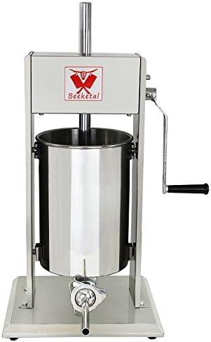 Edelstahl Industrie Wurstfüllmaschine (12 L Volumen) S, Profi Wurstfüller mit gehärtetem 2 Gang Vollmetall-Getriebe und 90° Aluguss Handkurbel, inkl. 5 Fülltüllen