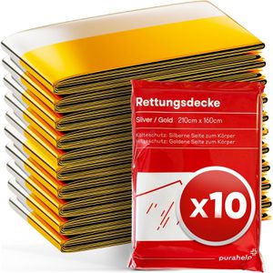PURAHELP Rettungsdecke 10 Stück, Hitze- und Kälteschutz, 210 x 160cm