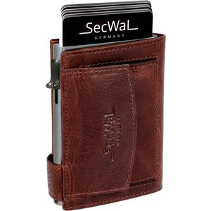 SecWal Kreditkartenetui Echt Leder, braun, für 10 Karten, Münzfach mit Druckknopf & Geldscheinfach, RFID Schutz