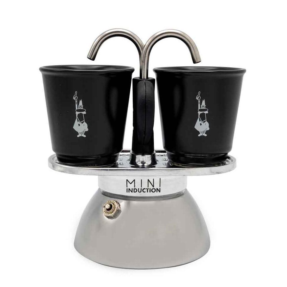 Bialetti Mini Express - Espressokocher-Set (Induktion) - silber + 2 Becher in schwarz 7310