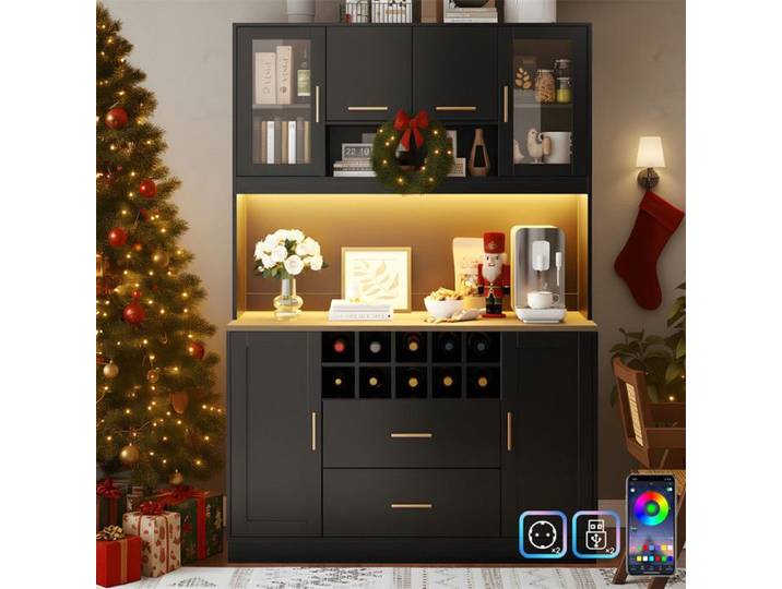 Buffet Cuisine Éclairage LED 120 cm avec Prise et USB Meuble Haut de Rangement avec Plan de Travail Vaisselier Moderne Noir