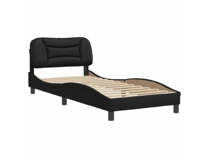 KTHLBRH Bettgestell Hvar Schwarz 80 x 200 cm Kunstleder Gepolstertes Kopfteil, Sperrholzleisten, gewelltes Design, leicht zu reinigen