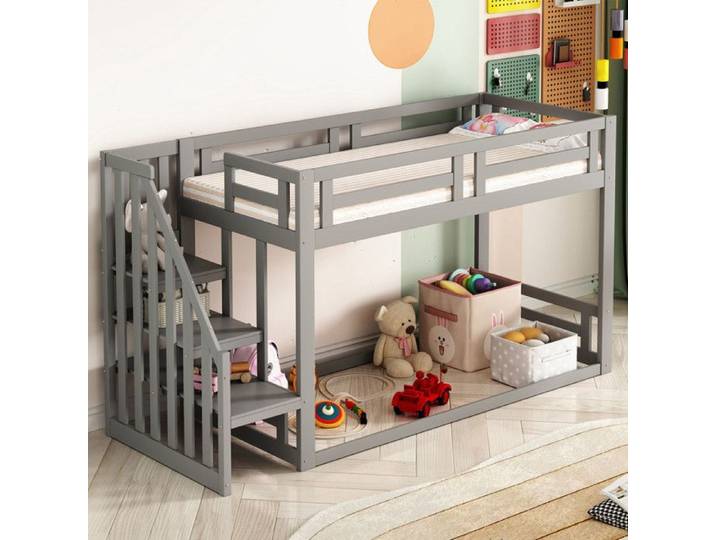 lit Superposé Bas avec Escalier de Sécurité Lit Enfant 90x200cm Cadre de Lit Superposé en Bois Massif avec Sommier à Lattes Gris