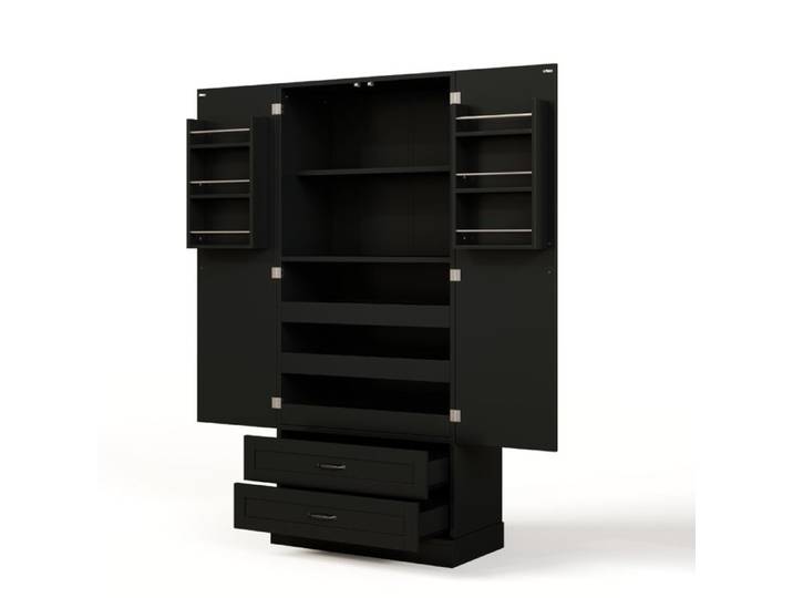 Armoire colonne noire cuisine double porte 3 tablettes coulissantes + tiroirs étagères porte pour salon salle à manger