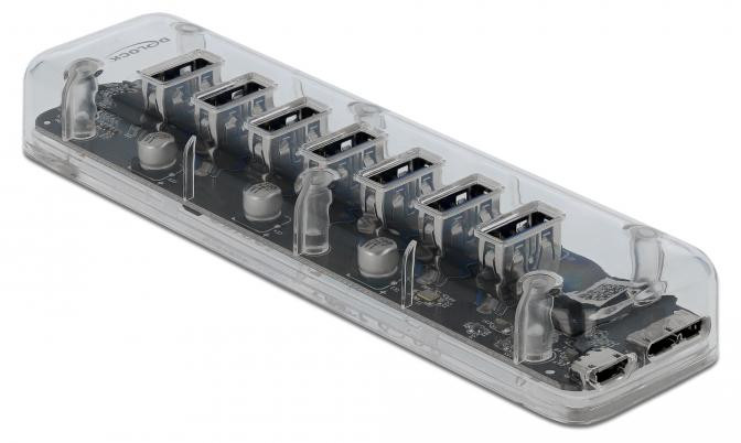 Delock externe USB 3.0 hub met 7 poorten, transparant